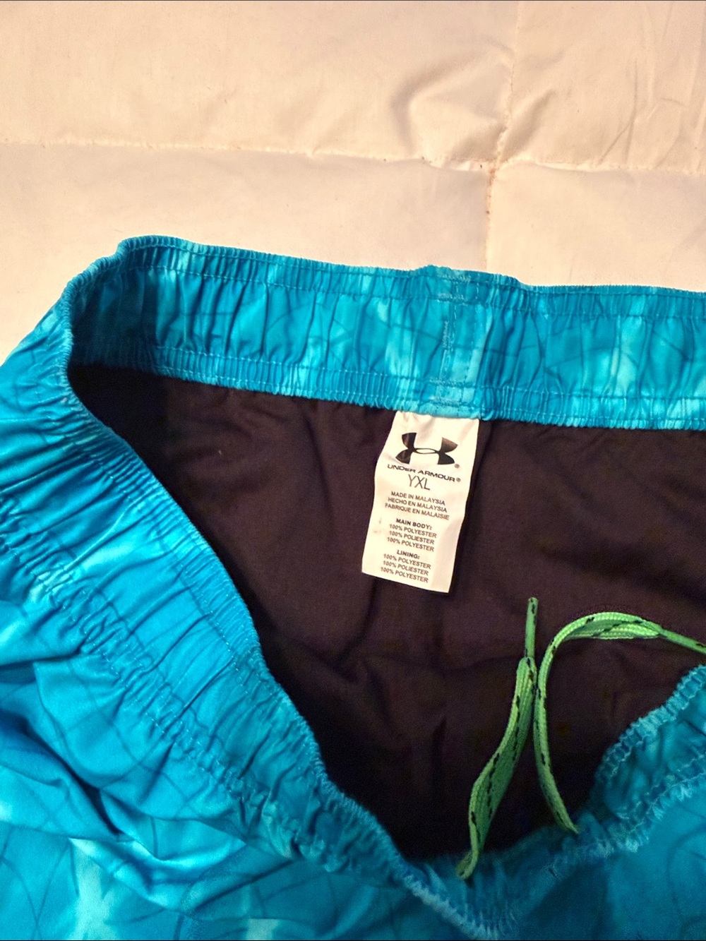 Under Armour Teal Blue Boys' Swim Shorts with Green Drawstring